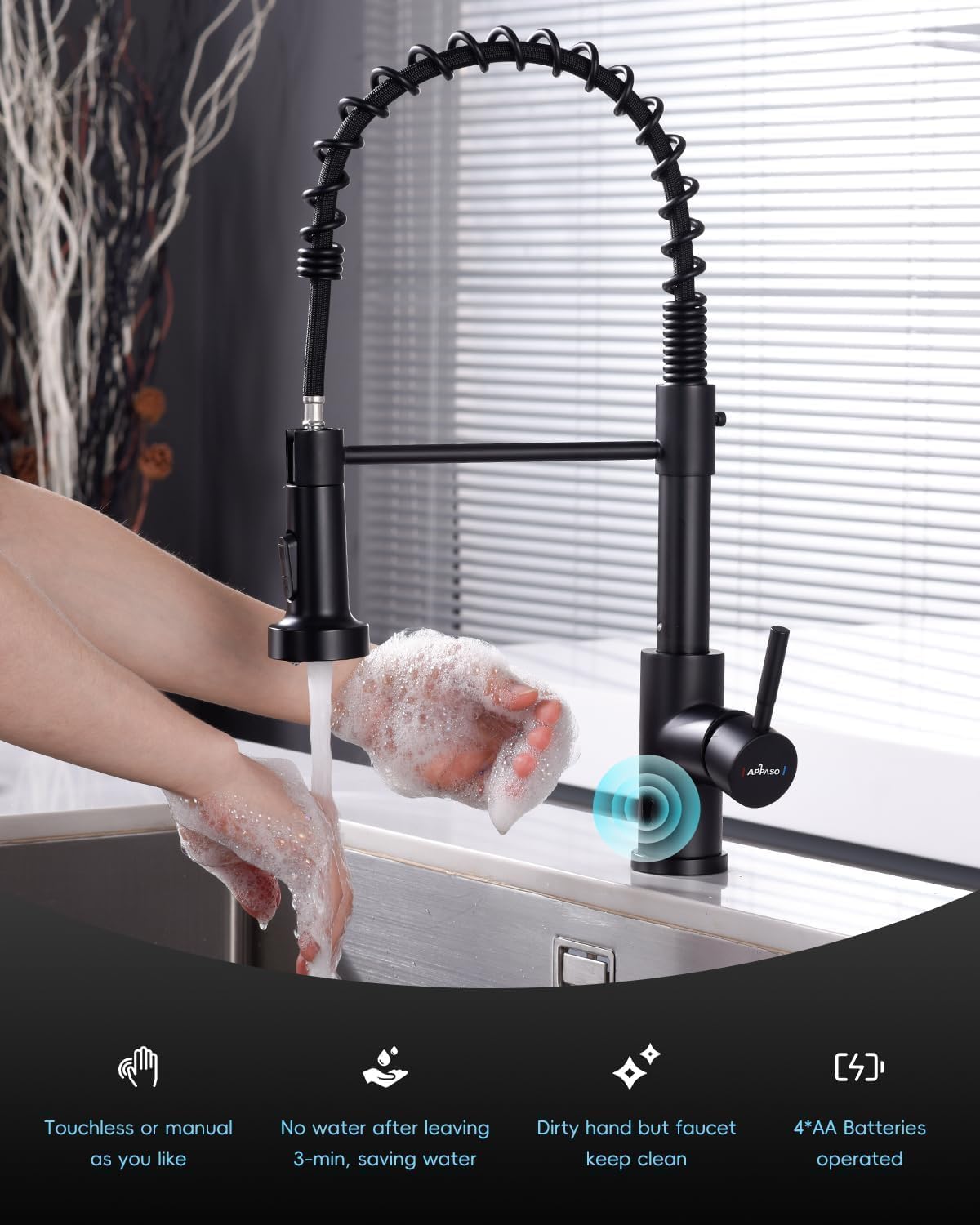 Black Touchless Kitchen Faucet with Soap Dispenser, Motion Sensor Activated Hands-Free Automatic Faucet for Sink with Pull Down Sprayer, Single Handle Smart Faucets for Kitchen Sink