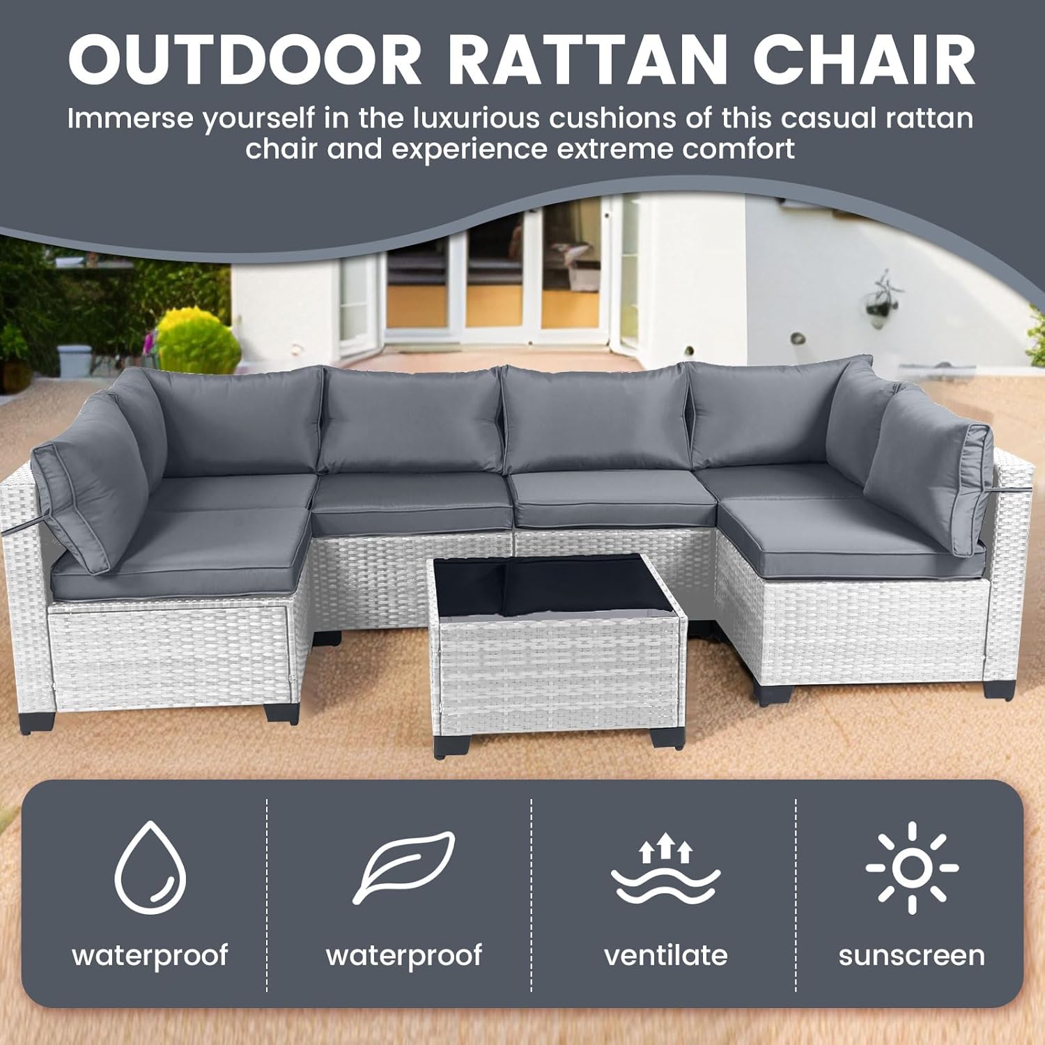 7 Pieces Rattan Patio Furniture Set with Tea Table