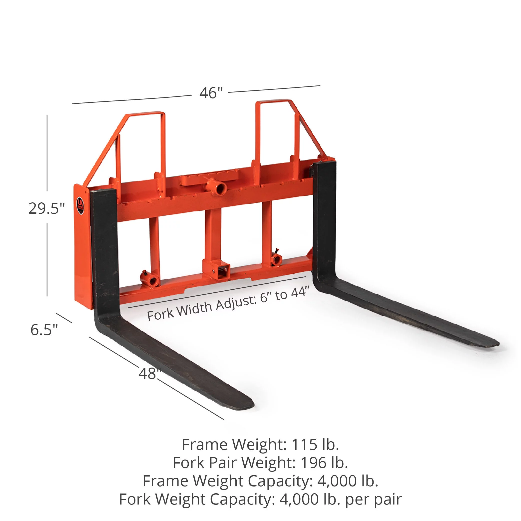 2026 Titan Attachments UA USA Made Orange Step-Through Pallet Fork Frame Attachment, 48in Fork Blades, Rated 4,000 LB, Quick Tach Mounting