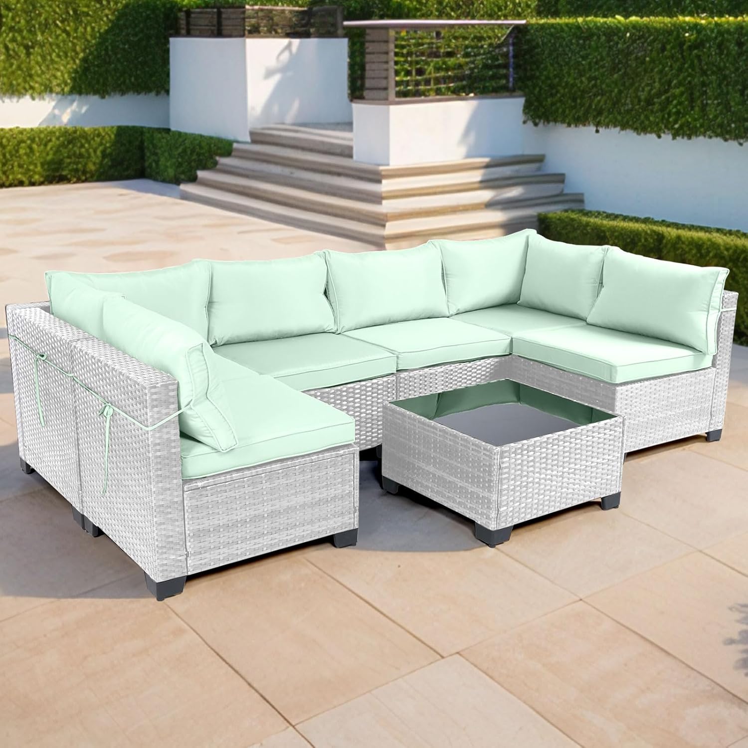 7 Pieces Rattan Patio Furniture Set with Tea Table