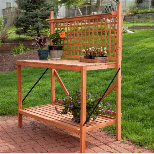 2026 Outdoor Weather Resistant Fir Wood Potting Bench Garden Table with Lattice Back