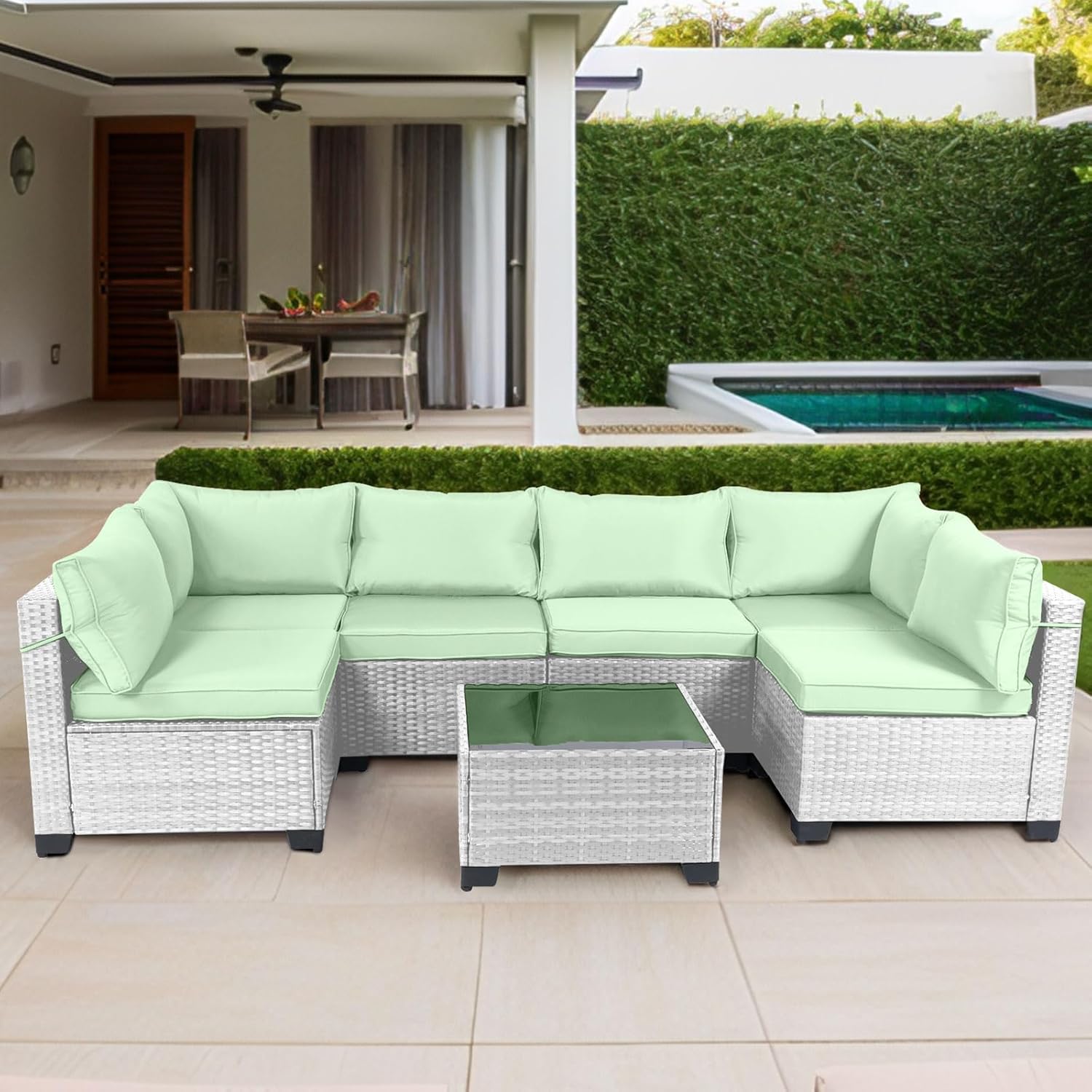 7 Pieces Rattan Patio Furniture Set with Tea Table