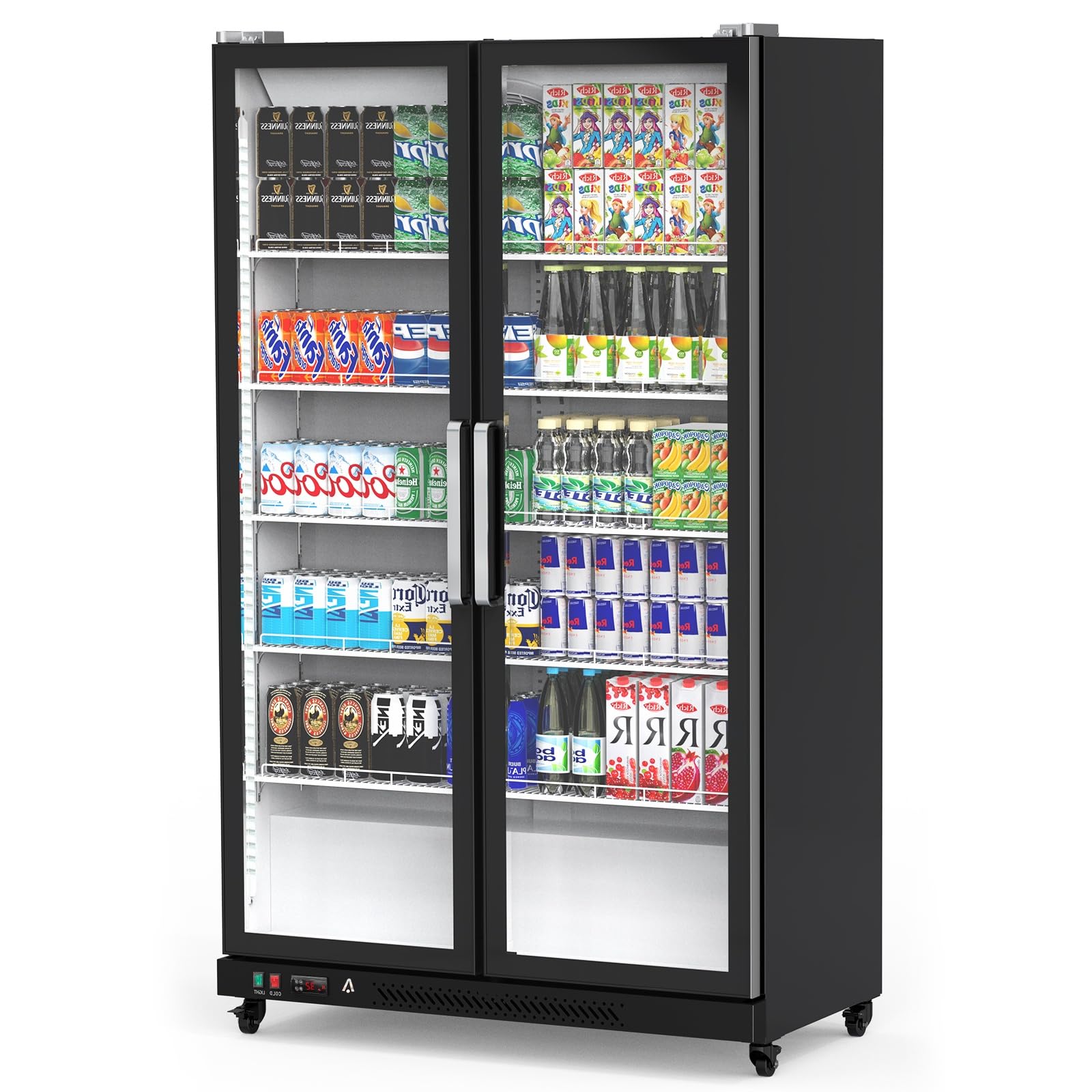 2026 Commercial Refrigerator, Glass Door with LED Lighting – Upright Beverage Display Cooler for Home, Store, Gym, or Office, Featuring Double Swing Doors and 39 cu.ft