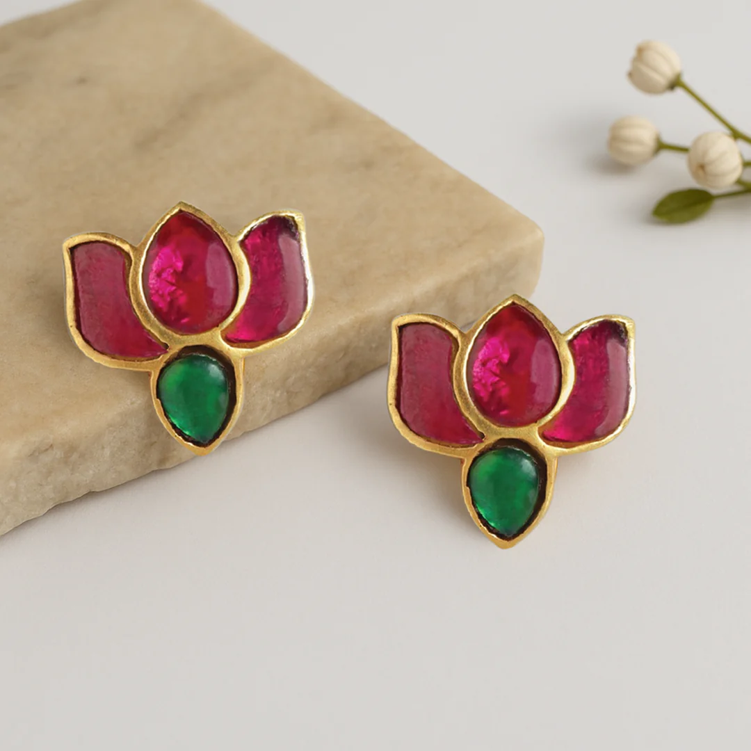 92.5 Sterling Silver Kundan Lotus Stud Earrings