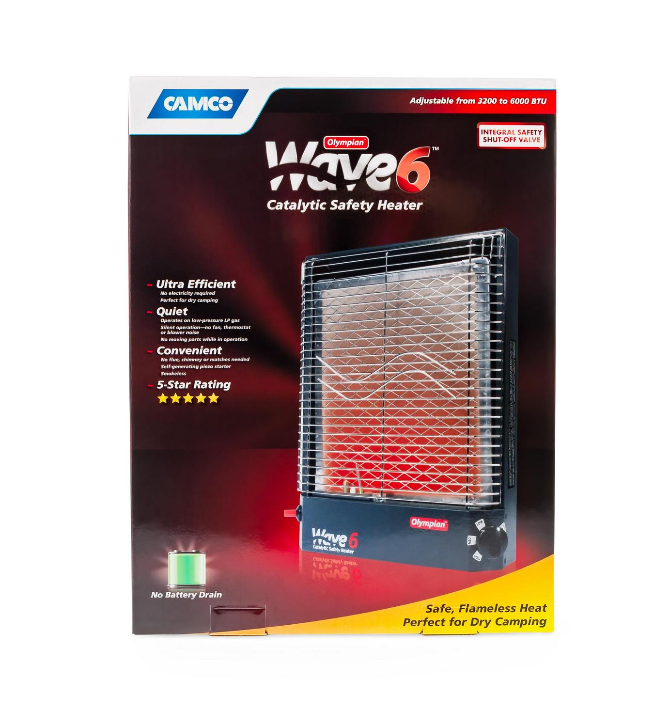 Camco Olympian Wave 6 Catalytic Safety Heater | Adjustable from 3200 to 6000 BTUs | Black (57341)