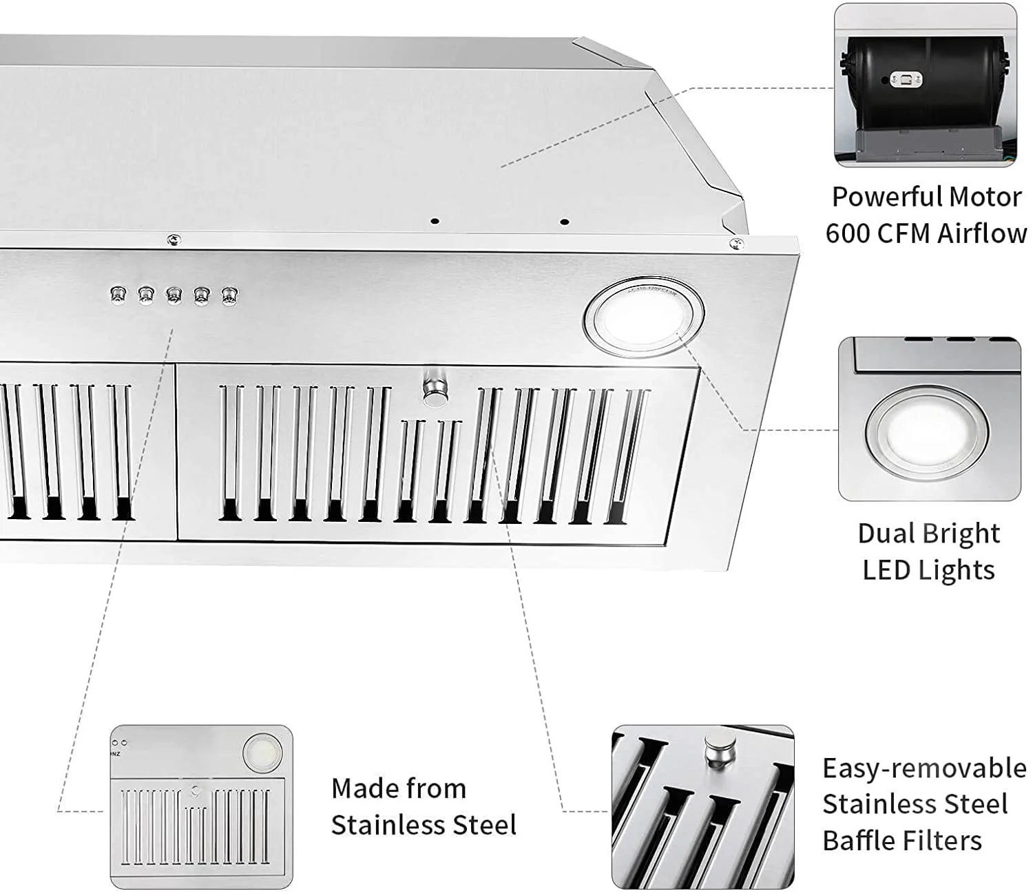 2026 Range Hood 30-inch Built-in Insert Cooker Hood 600CFM Powerful Exhaust Vent Fan