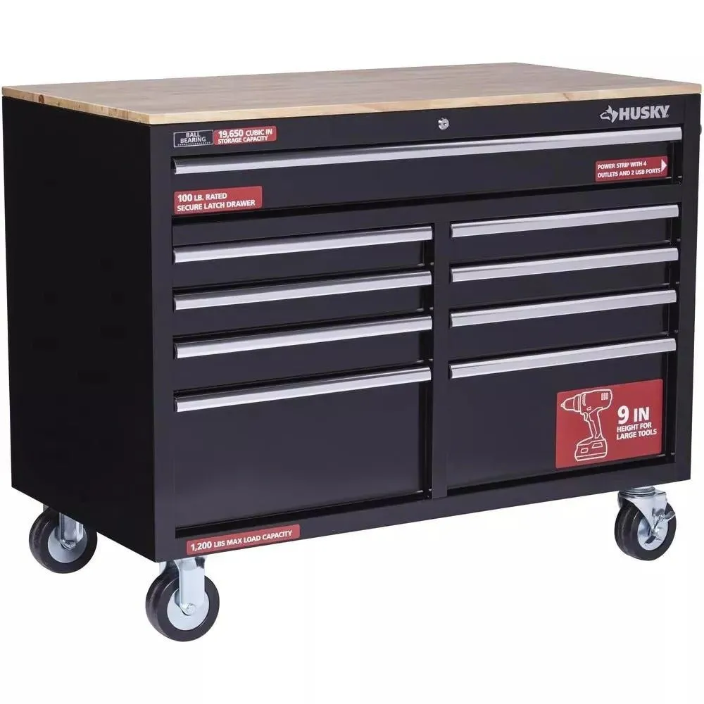 2026 46 in. W x 24 in. D 9-Drawer Gloss Black Deep Tool Chest Mobile Workbench