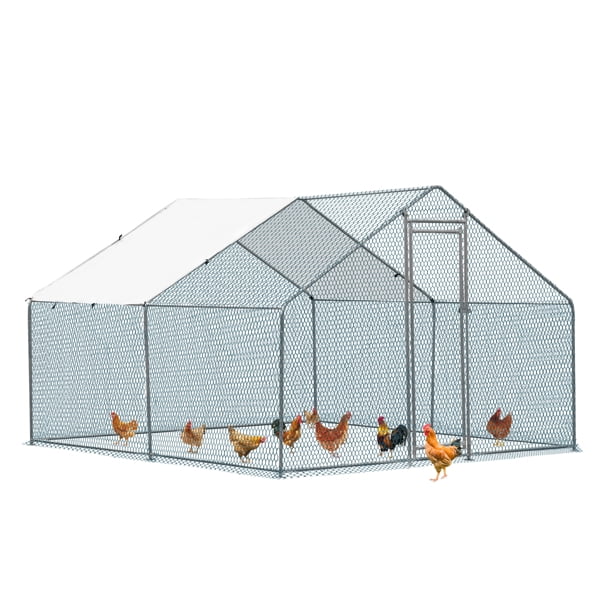 Al Fresco 10 x 10 ft Outdoor Large Metal Chicken Coop, Chicken Run Walkin Poultry Cage for Duck and Rabbit, Hen House with Waterproof Cover, Silver
