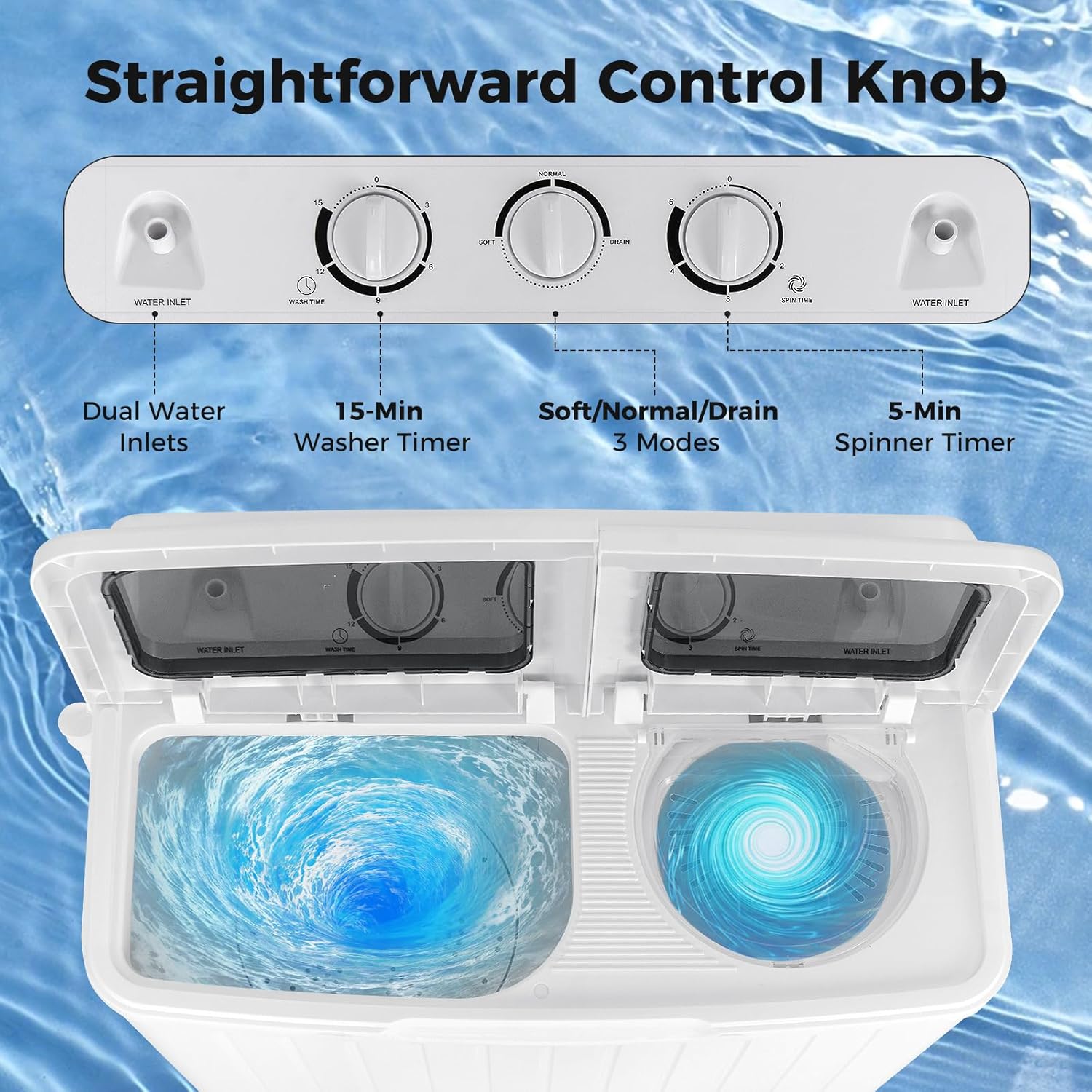 2026 Portable Washing Machine, Twin Tub 20 Lbs Capacity, Washer(12 Lbs) and Spinner(8 Lbs), Durable Design, Timer Control, Compact Laundry Washer for RV, Apartments and Dorms, Grey+White