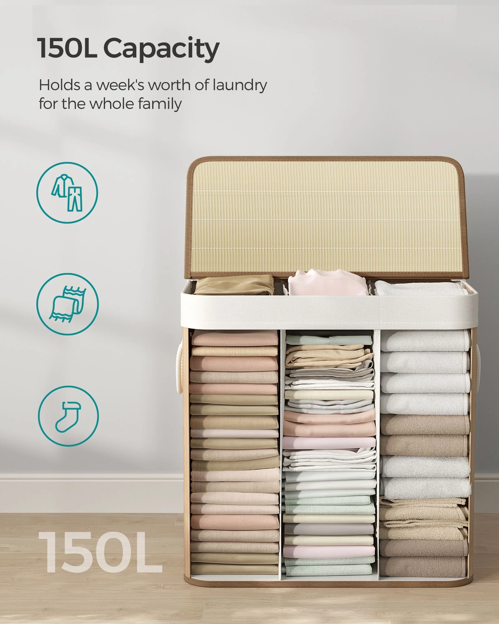 Natural Bamboo Laundry Hamper with Poly-Cotton Fabric & Metal Frame – 23.6