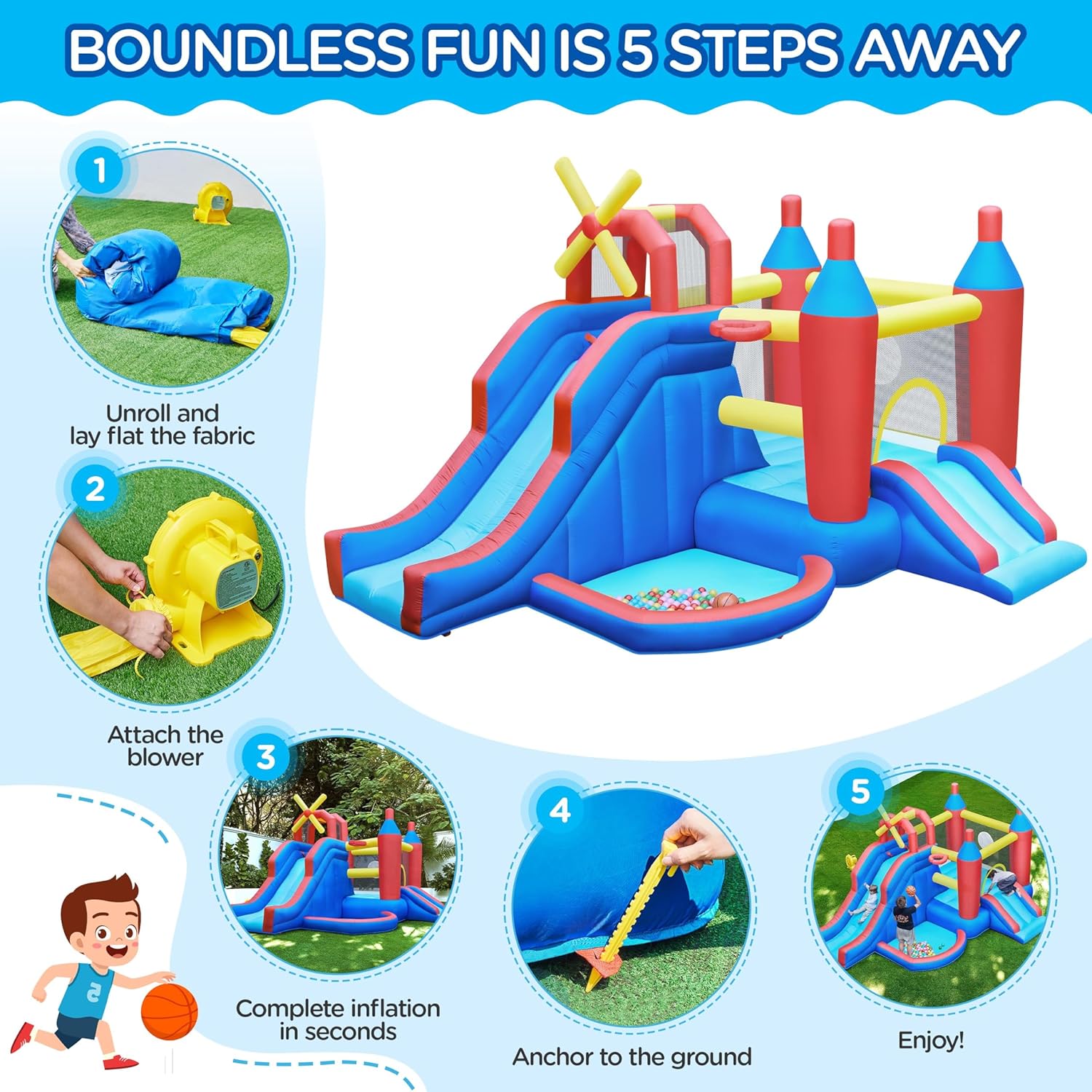 Inflatable Bounce House 7-in-1 with Slide & Ball Pit