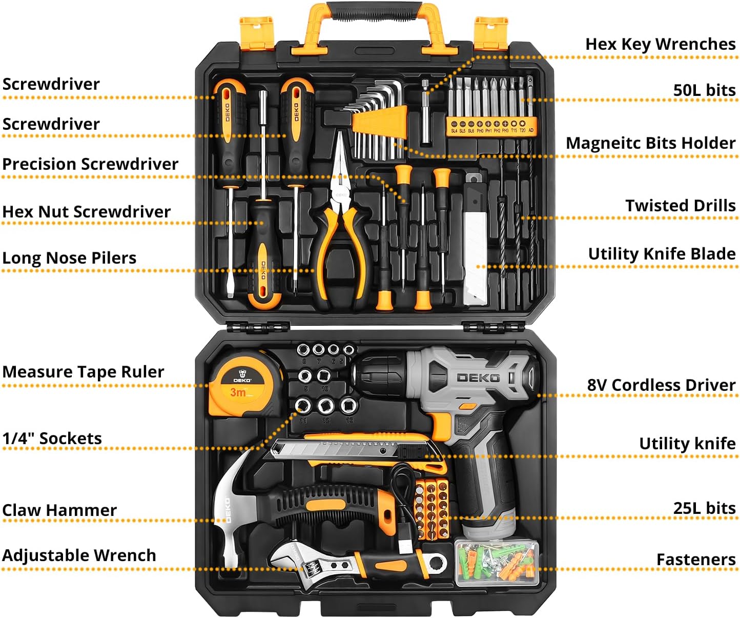 Tool Set：Tool Kit with 8V Cordless Drill,Tool Box with Drill,Hand Drill Set for Men & Women,Home Tool Kits for House Repair,Handyman,DIY 126 Piece