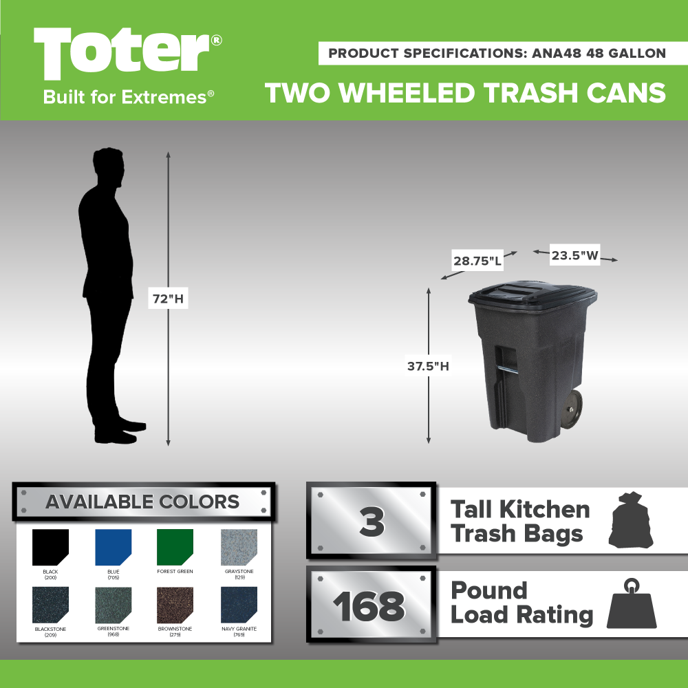 Toter 48 Gallon Trash Can with Smooth Wheels and Lid ;