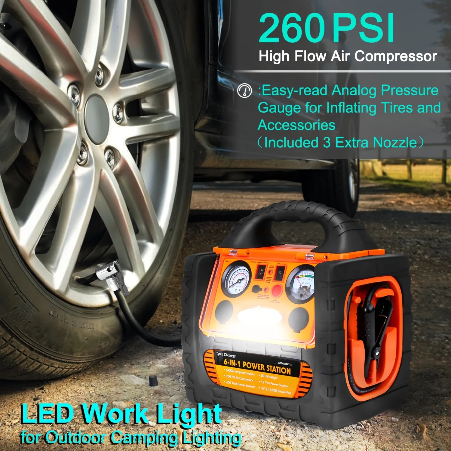 2024 New 6 In 1 Car Jump Starter With Air Compressor, 1400A Peak 150PSI Battery Pack With Tire Inflator, 400W Power Station 2 AC Outlets, 12V Auto Battery Booster Pack, Battery Jump Box Emergency Car