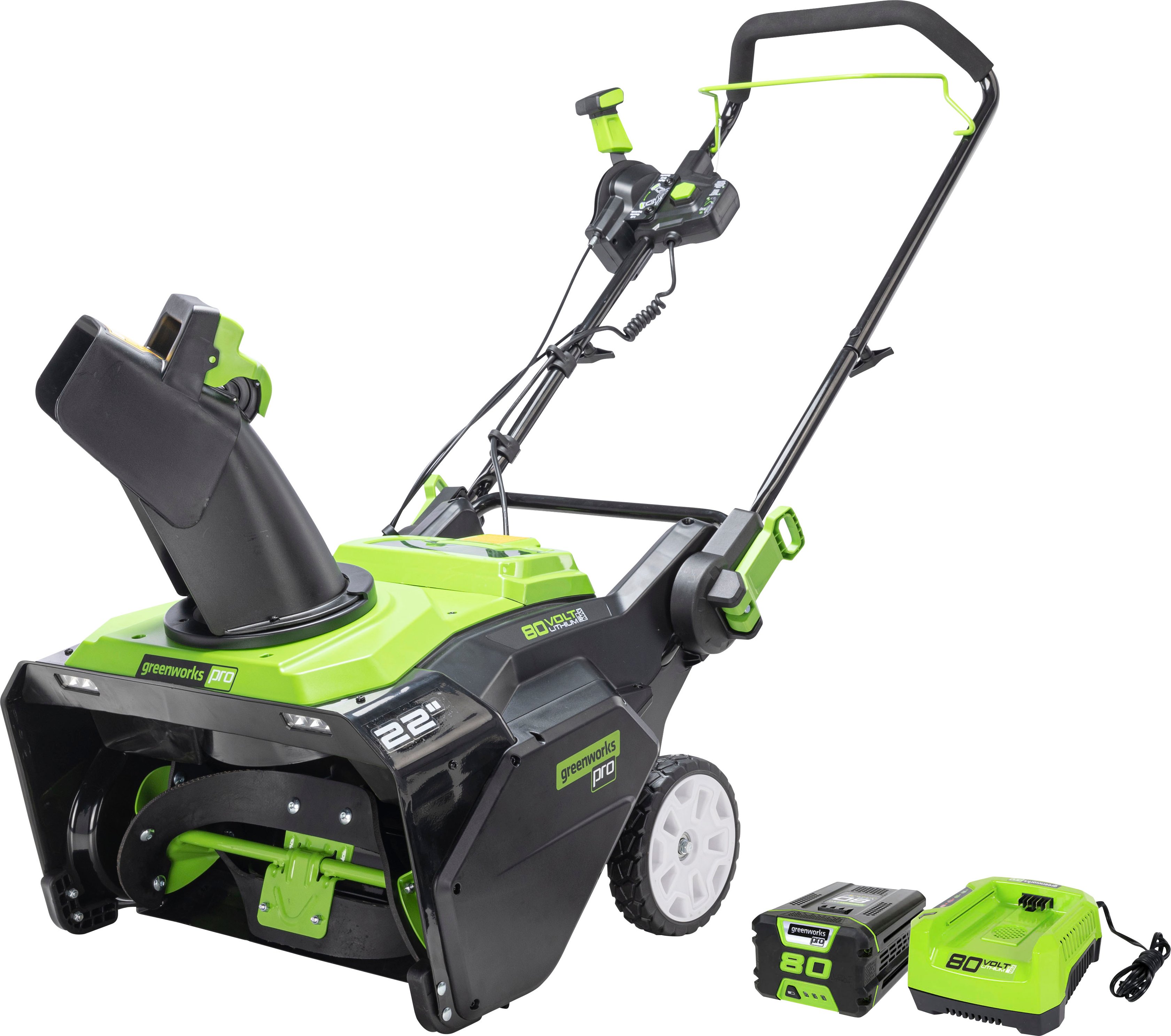 2025 Greenworks – 80V 22” Cordless Brushless Snow Blower with 4.0 Ah Battery and Rapid Charger – Black/Green
