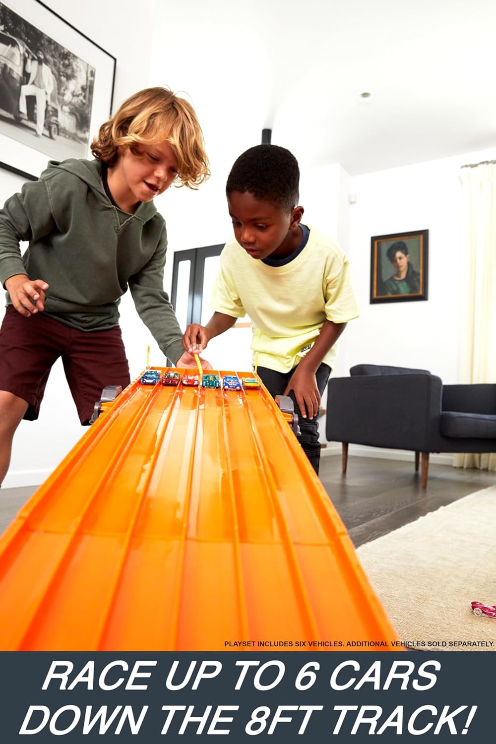 Hot Wheels Toy Car Track Set Super 6-Lane Raceway, 8ft Track that Folds Up for Storage with 6 1:64 Scale Cars