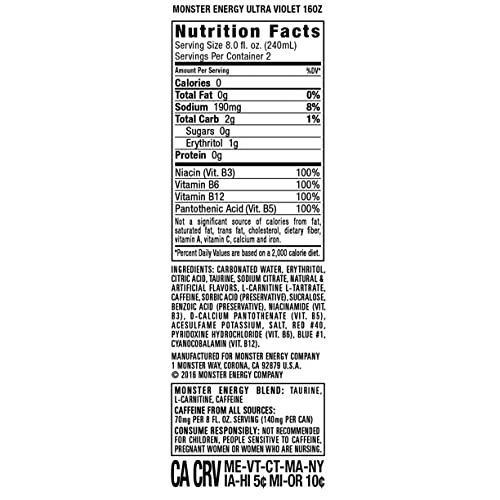 Monster Energy Ultra Violet, Sugar Free Energy Drink, 16 Ounce (Pack of 24)