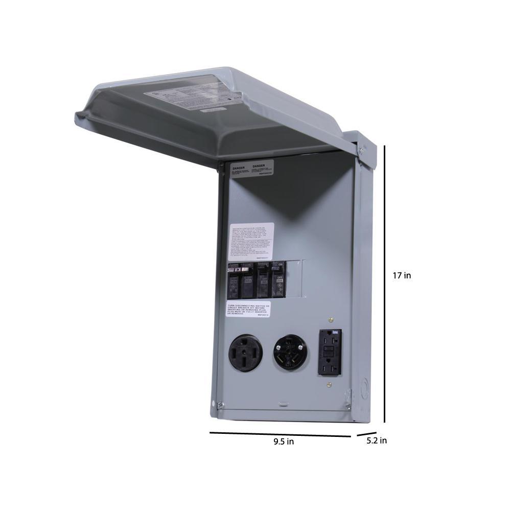 RV Panel with 50 Amp and 30 AMP RV Receptacles and a 20 Amp GFCI Receptacle