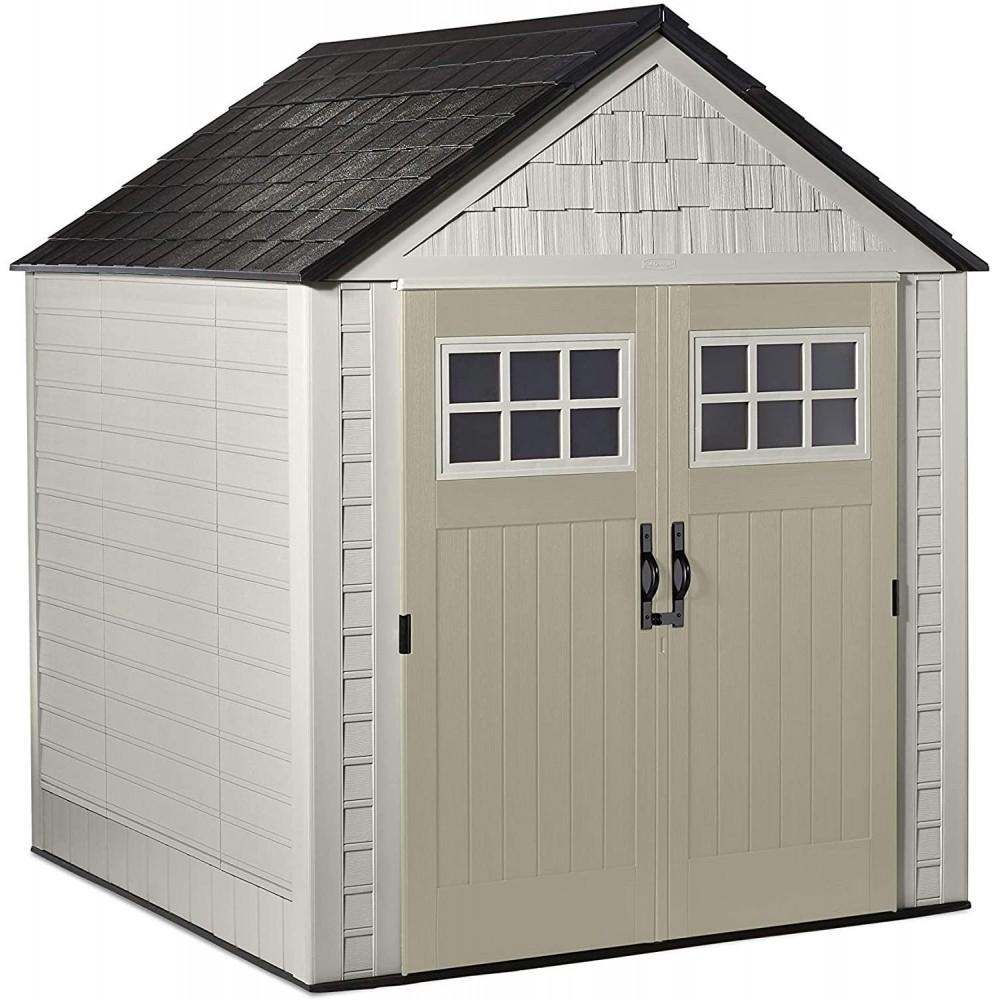 2025 Rubbermaid 7×7 Ft Durable Weather Resistant Resin Outdoor Garden Storage Shed with Windows and Utility Hooks, Sand