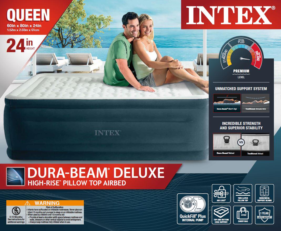 Intex Dura-Beam 24 Pillowtop Air Mattress, with Built-in Pump, Queen