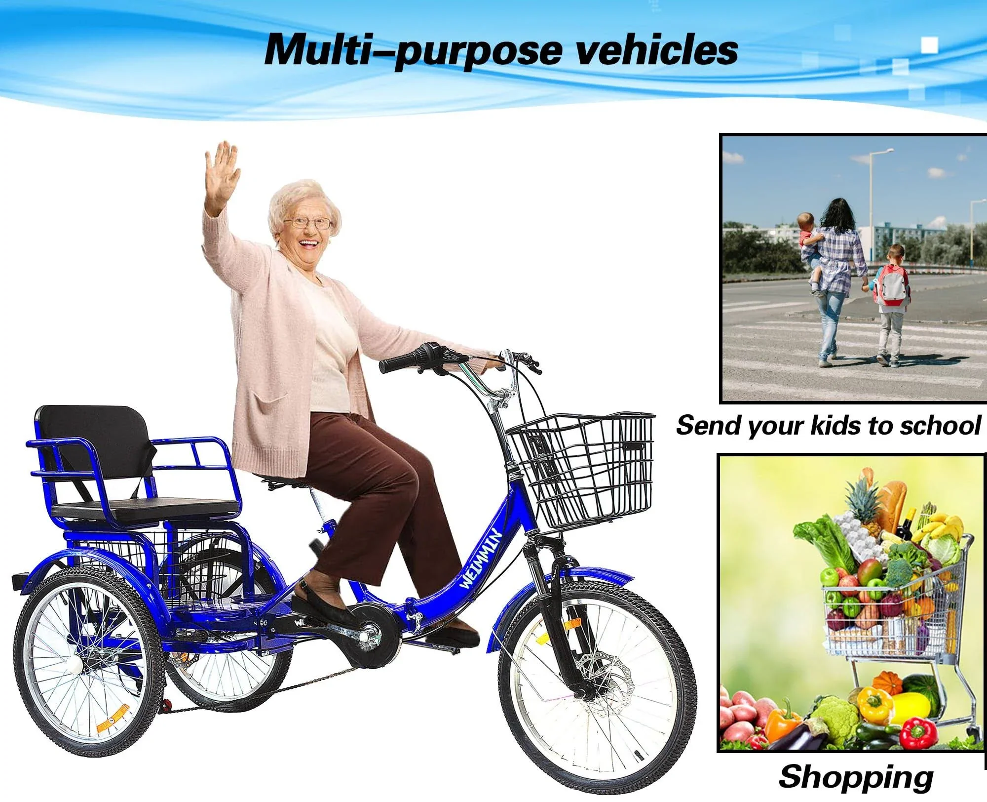 WEIMMIN Adult Tricycle 7 Speed, 20 inch 3 Wheel Bikes Folding Tricycle for Adults Star Strip Blue