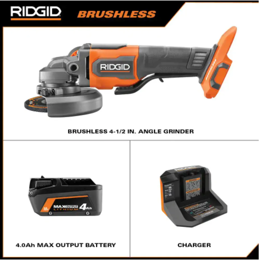 Ridgid 18V Brushless Cordless 4-1/2 in. Angle Grinder Kit with 4.0 Ah Battery and Charger